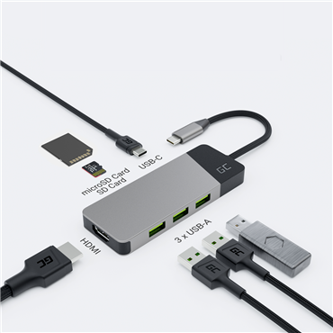 GREEN CELL HUB USB-C ADAPTER GC CONNECT 7W1 (3XUSB 3.1  HDMI 4K 60HZ  USB-C PD 85W  MICROSD/SD)