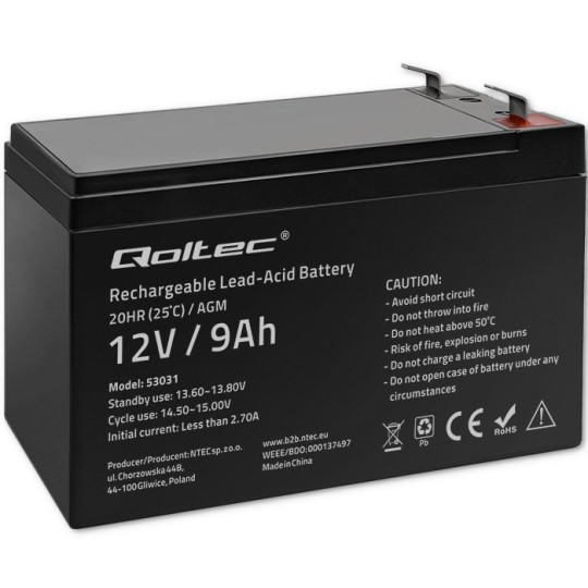 Qoltec 53031 AGM battery | 12V | 9Ah | max 135A Qoltec 53031 AGM battery | 12V | 9Ah | max 135A