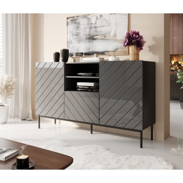 Cama MEBLE ABETO chest of drawers on black steel frame 150x42x90 graphite/glossy graphite