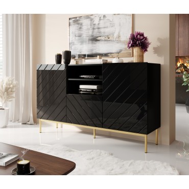 Cama MEBLE ABETO chest of drawers on golden steel frame 150x42x90 black/black gloss