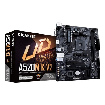 GIGABYTE A520M K V2 Motherboard - Supports AMD Ryzen 5000 Series AM4 CPUs, up to 5100MHz DDR4 (OC), PCIe Gen3 x4 M.2, GbE LAN, U