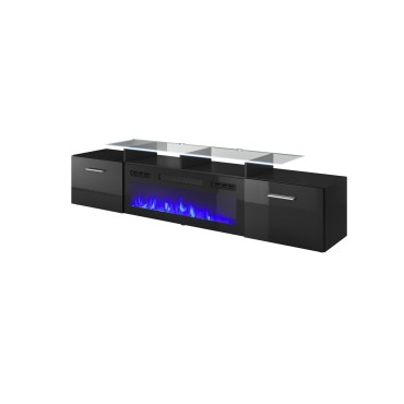 Cama MEBLE RTV cabinet ROVA with electric fireplace 190x37x48 cm black/black gloss