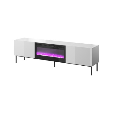 Cama MEBLE RTV SLIDE 200K cabinet with an electric fireplace on a black frame 200x40x57 cm all in white gloss