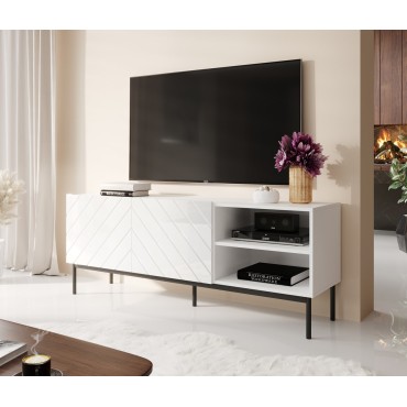 Cama MEBLE ABETO RTV cabinet on black steel frame 150x42x60 cm white/gloss white