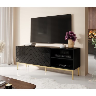 Cama MEBLE ABETO RTV cabinet on golden steel frame 150x42x60 black/gloss black