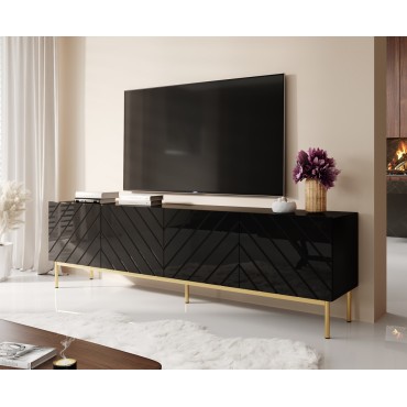 Cama MEBLE ABETO RTV cabinet on golden steel frame 200x42x60 black/gloss black